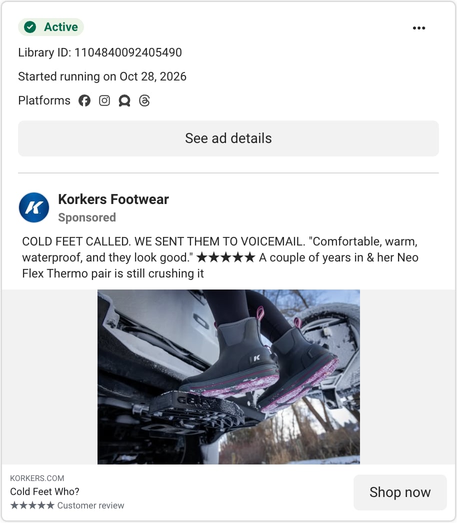 A Korkers Footwear ad card in Meta's Ad Library: the text Cold feet called. We sent them to voicemail. above insulated boots on a snowy truck step, with the headline Cold Feet Who?