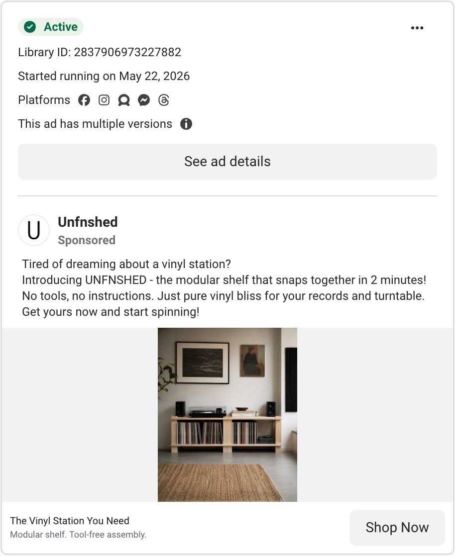 An Unfnshed ad card in Meta's Ad Library: the text Tired of dreaming about a vinyl station? above a wooden record shelf with a turntable, with the headline The Vinyl Station You Need