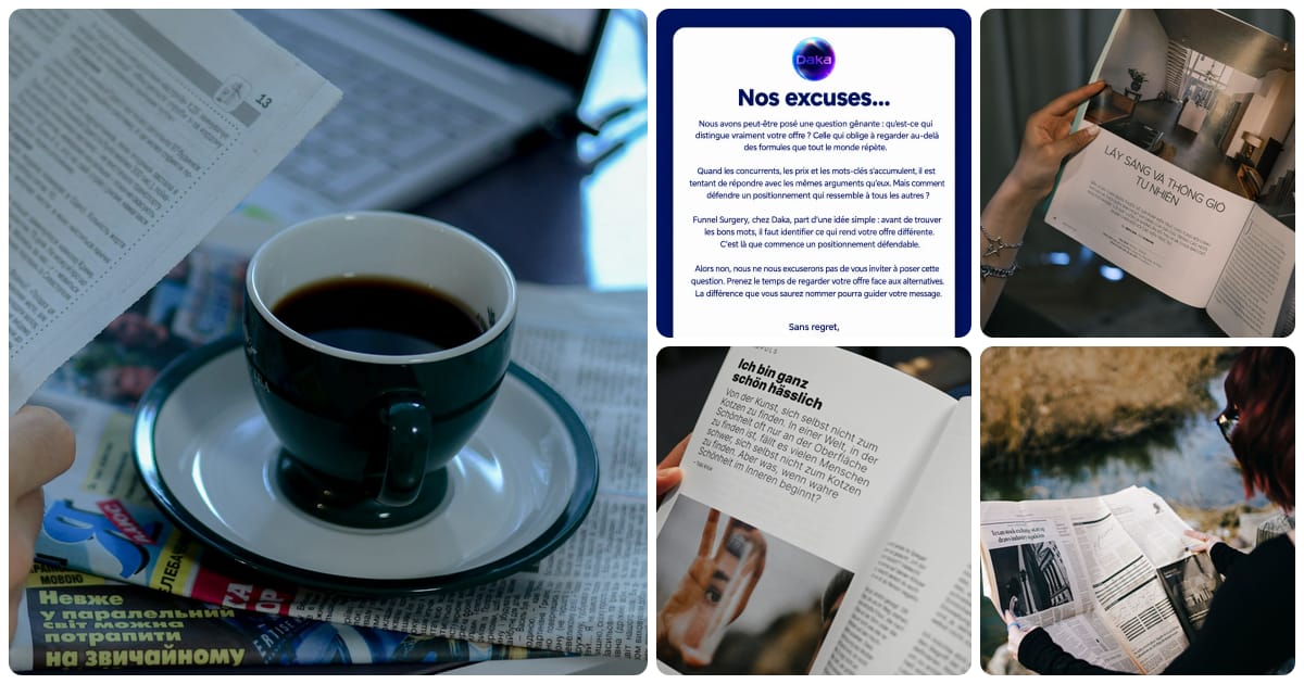 A collage of a reader holding a newspaper beside a black coffee, a Selzee-made long-copy ad written as a letter, hands holding an interior design magazine, a magazine article with a big headline and a person reading a newspaper by the water
