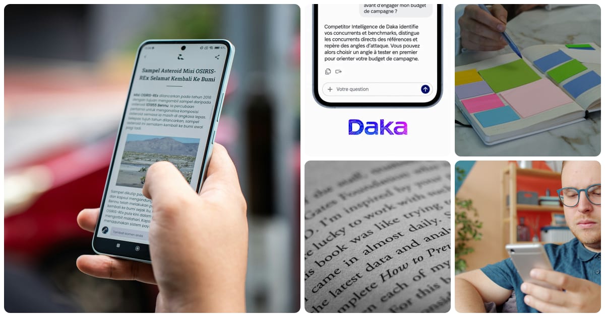 A collage of a hand scrolling a long news article on a smartphone, a Selzee-made question and answer ad on a phone, a pen pointing at sticky notes in a notebook, a page of dense printed text and a man reading on his phone at home