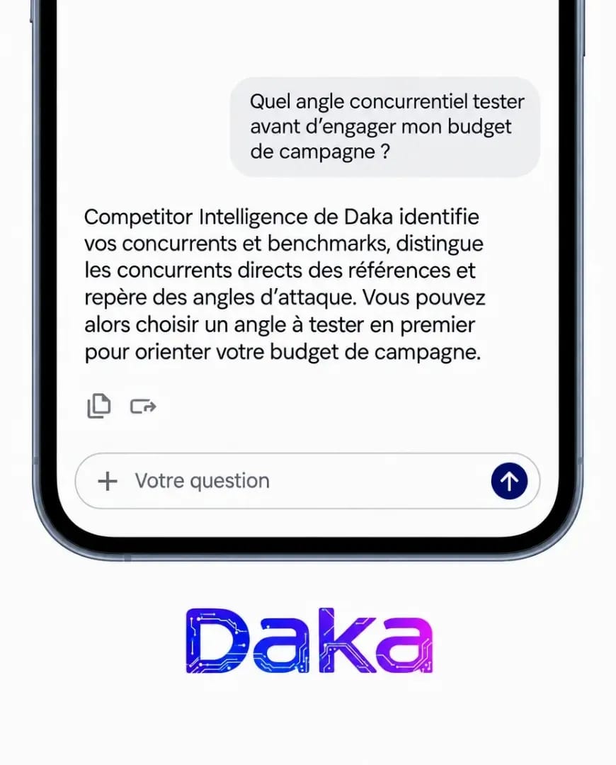 A Selzee-made ad for Daka: a phone chat where the reader asks which competitive angle to test before spending a campaign budget, and the brand answers in one paragraph