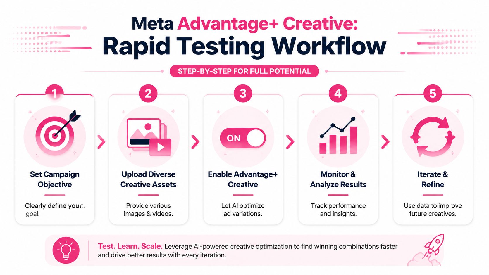 A five-step infographic showing the Meta Advantage+ Creative rapid testing workflow for AI-powered advertising campaigns.