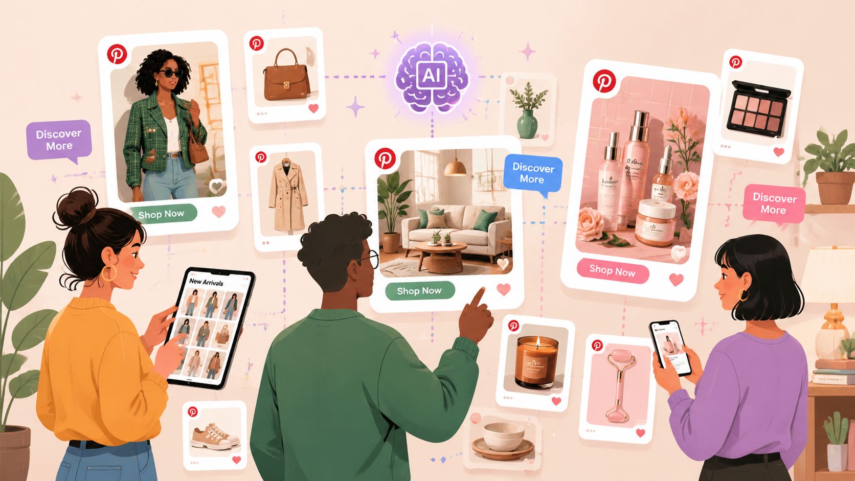 Three people interacting with digital Pinterest product cards connected by an AI brain graphic on a screen.
