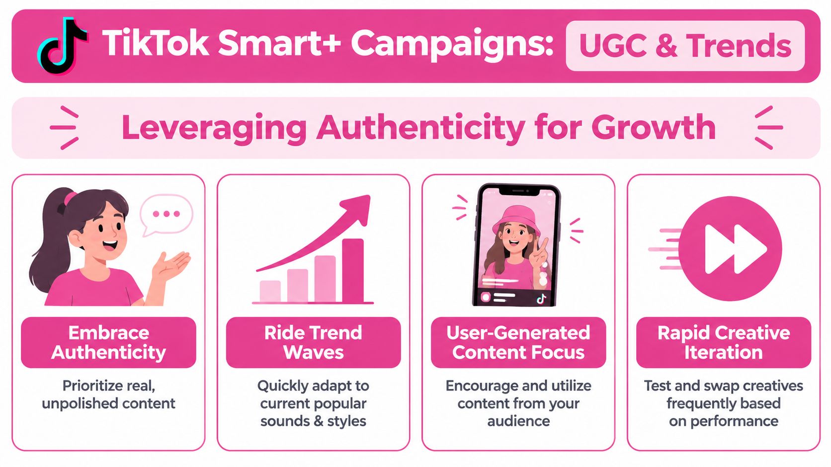 An infographic on TikTok Smart+ campaigns, focused on leveraging authenticity through trends and user-generated content.