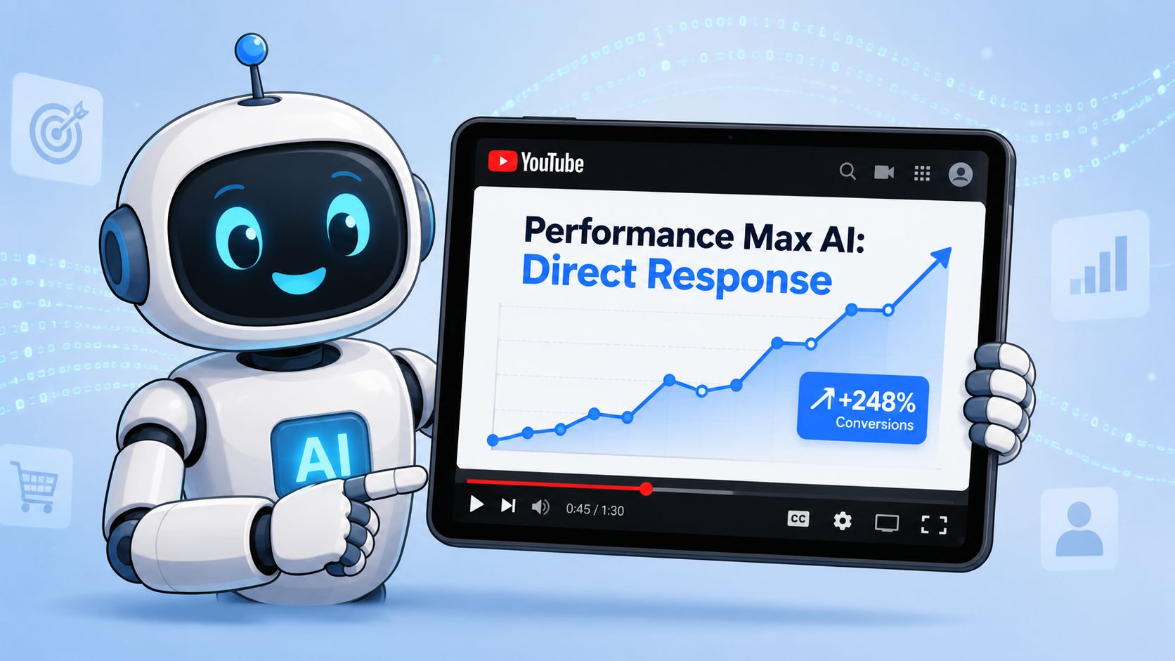 A friendly robot pointing at a tablet screen displaying a YouTube video about AI advertising performance growth.