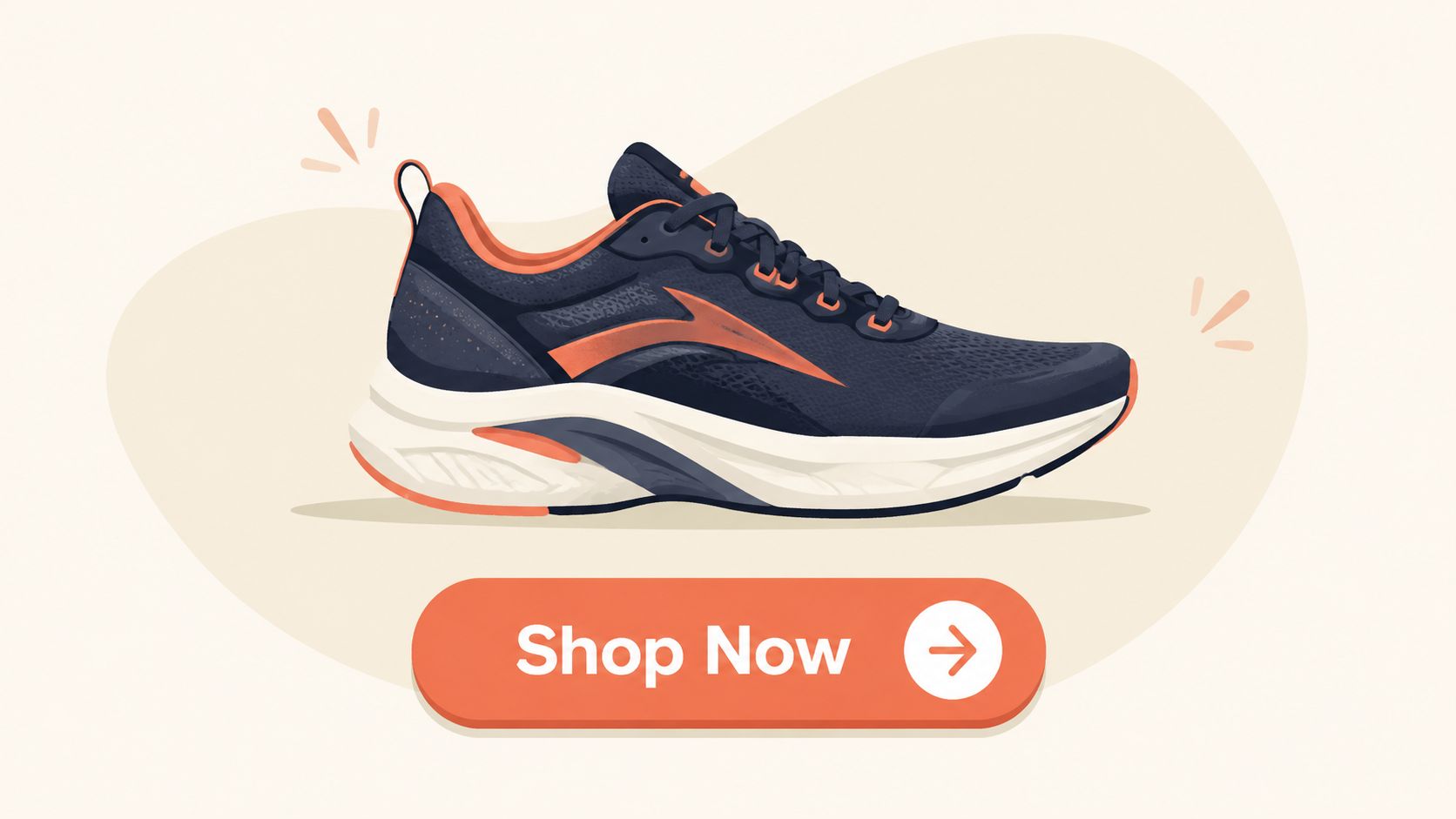 A digital illustration of a dark blue and orange running shoe floating above a shop now button.