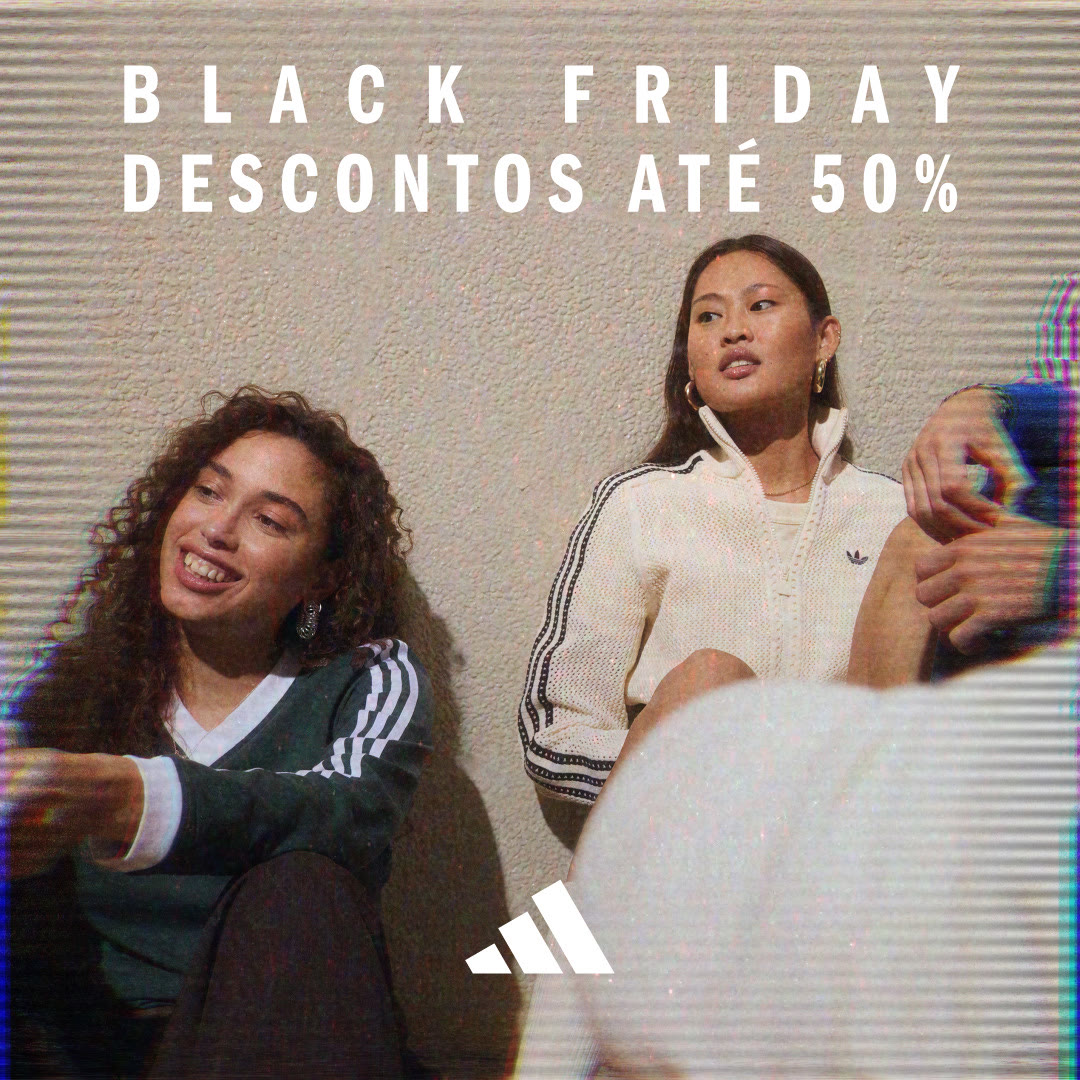 An ad by adidas in the Meta Ad Library: Black Friday, descontos até 50%, over two women in adidas track tops