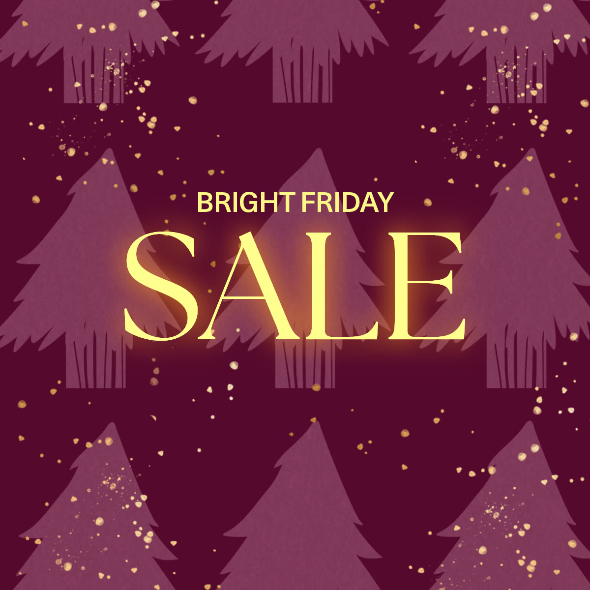 An ad by Bloom and Wild in the Meta Ad Library: Bright Friday Sale in gold letters on a dark pink background with Christmas trees