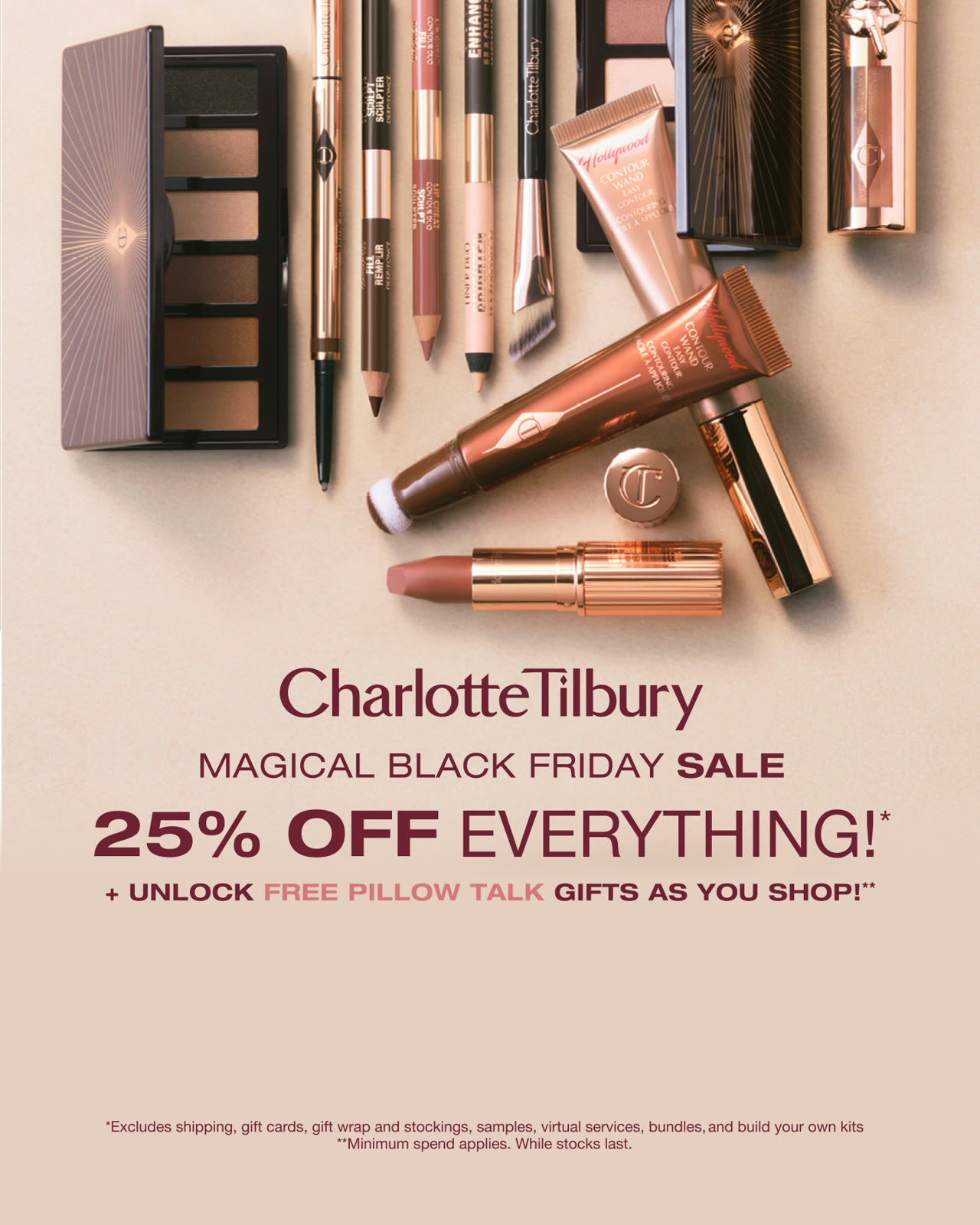 An ad by Charlotte Tilbury in the Meta Ad Library: Magical Black Friday Sale, 25% off everything, over a spread of makeup