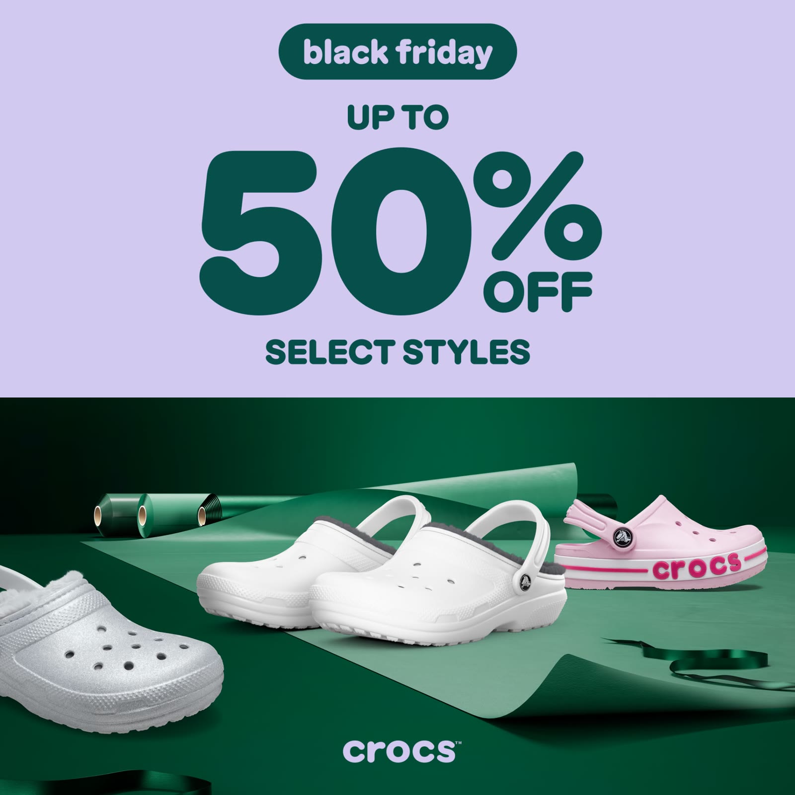An ad by Crocs in the Meta Ad Library: black friday, up to 50% off select styles, over white and pink clogs
