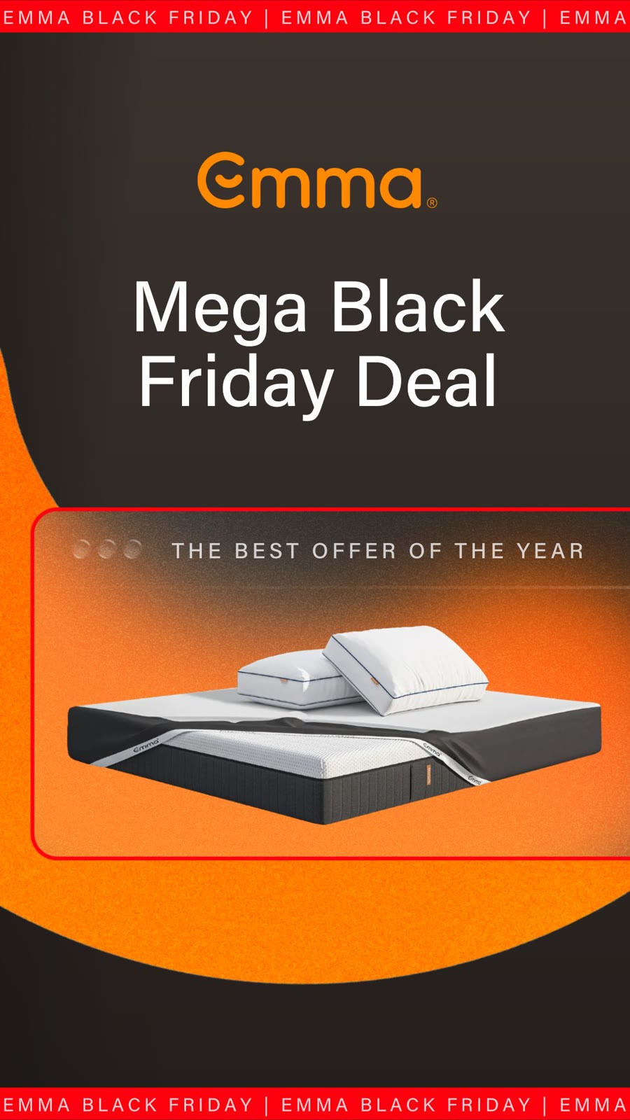 An ad by Emma Sleep in the Meta Ad Library: Mega Black Friday Deal, over a mattress bundle on an orange background