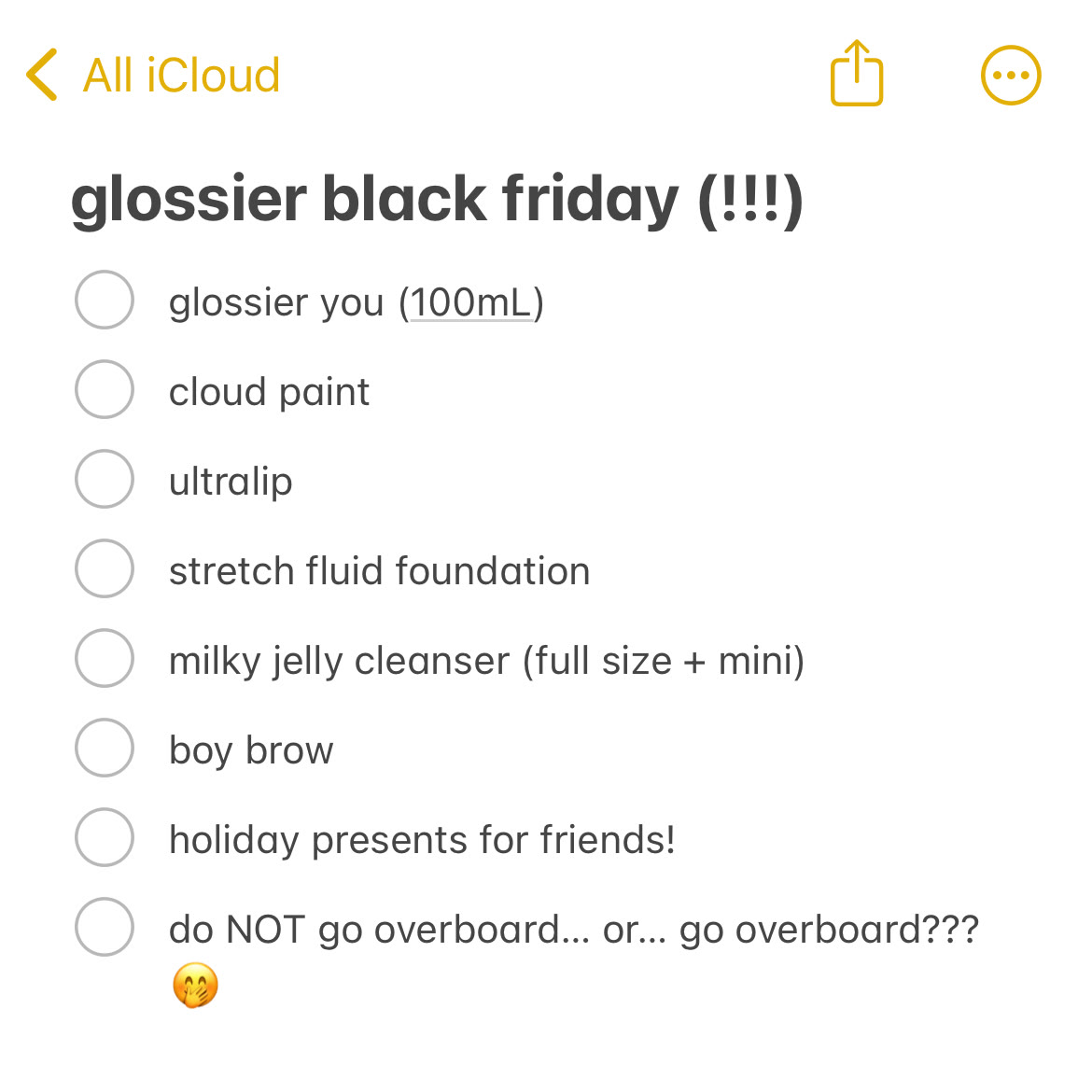 An ad by Glossier in the Meta Ad Library: a phone Notes checklist titled glossier black friday, ending with do NOT go overboard