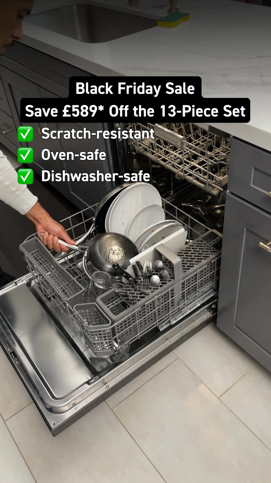 An ad by HexClad in the Meta Ad Library: Black Friday Sale, save £589 off the 13-piece set, over pans in a dishwasher