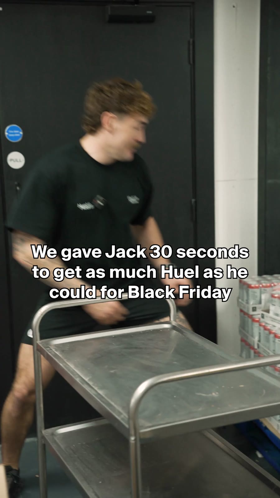 An ad by Huel in the Meta Ad Library: a video still of a man with a trolley in a warehouse, captioned We gave Jack 30 seconds to get as much Huel as he could for Black Friday