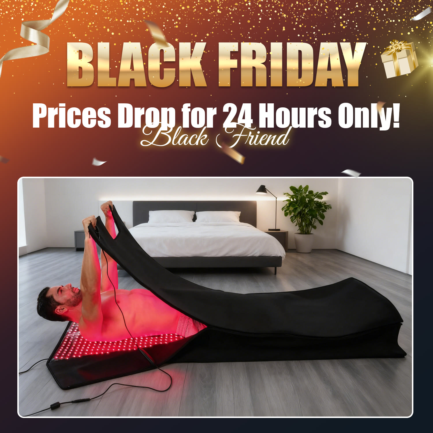 An ad by Megelin in the Meta Ad Library: Black Friday, prices drop for 24 hours only, over a woman lying in a red light therapy bag