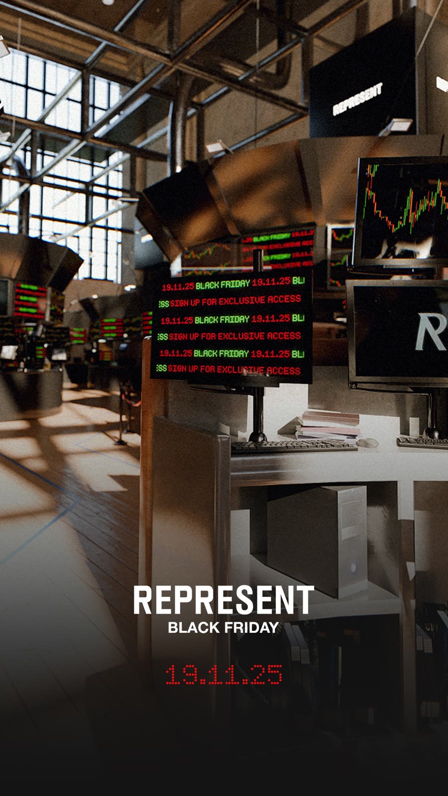 An ad by Represent in the Meta Ad Library: a dark trading floor with the Represent Black Friday logo