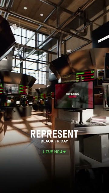 A TikTok ad by Represent in the TikTok Ads Library: a stock exchange floor with screens and the Represent Black Friday logo