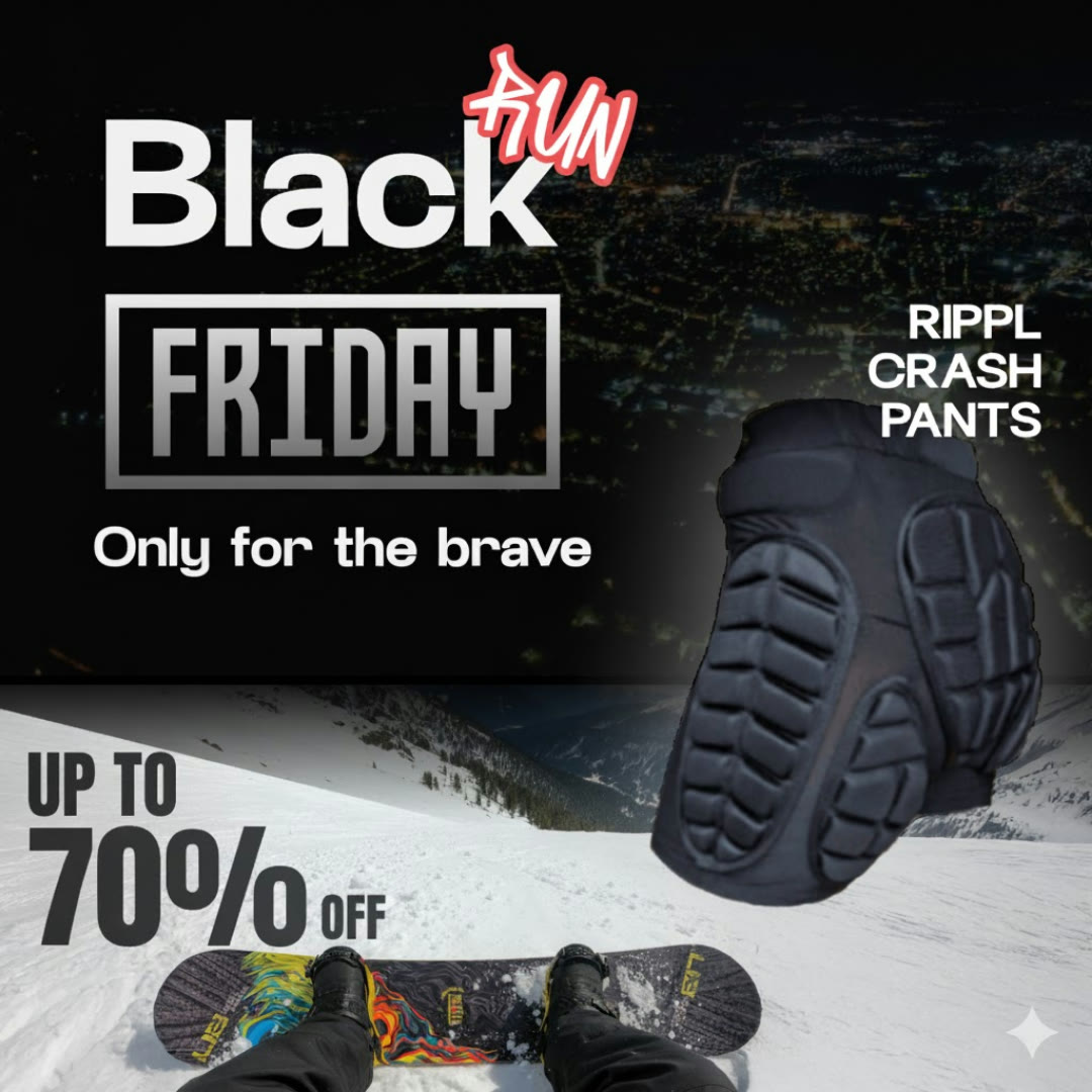 An ad by Rippl in the Meta Ad Library: Black Friday, only for the brave, up to 70% off, over padded crash pants on snow