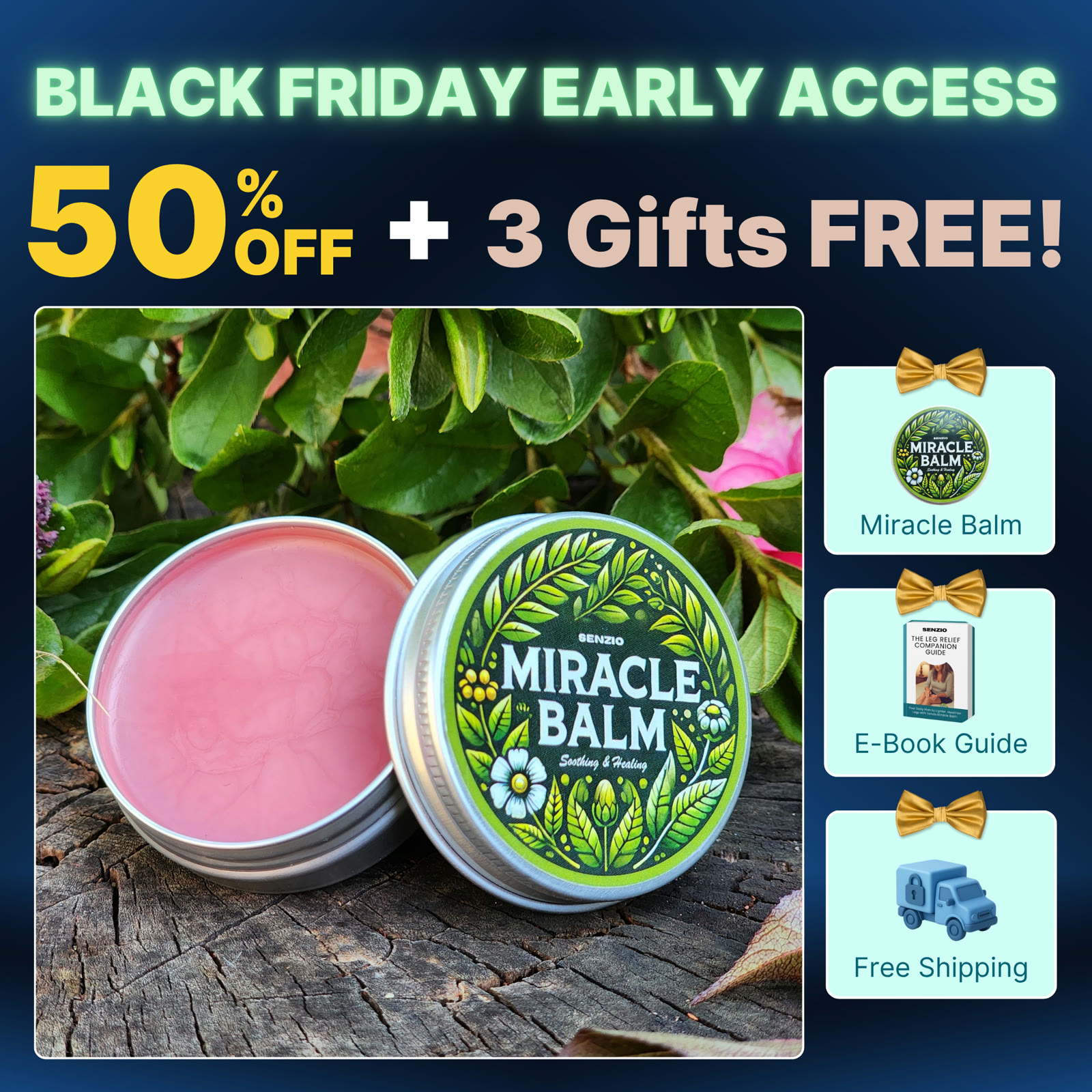 An ad by Senzio in the Meta Ad Library: Black Friday early access, 50% off plus 3 gifts free, over a tin of balm
