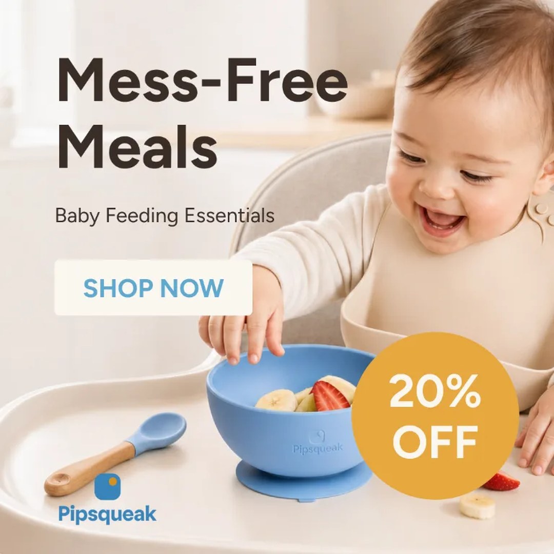 A Pipsqueak baby feeding post reading Mess-Free Meals with a 20% OFF badge: the blunt promotional register