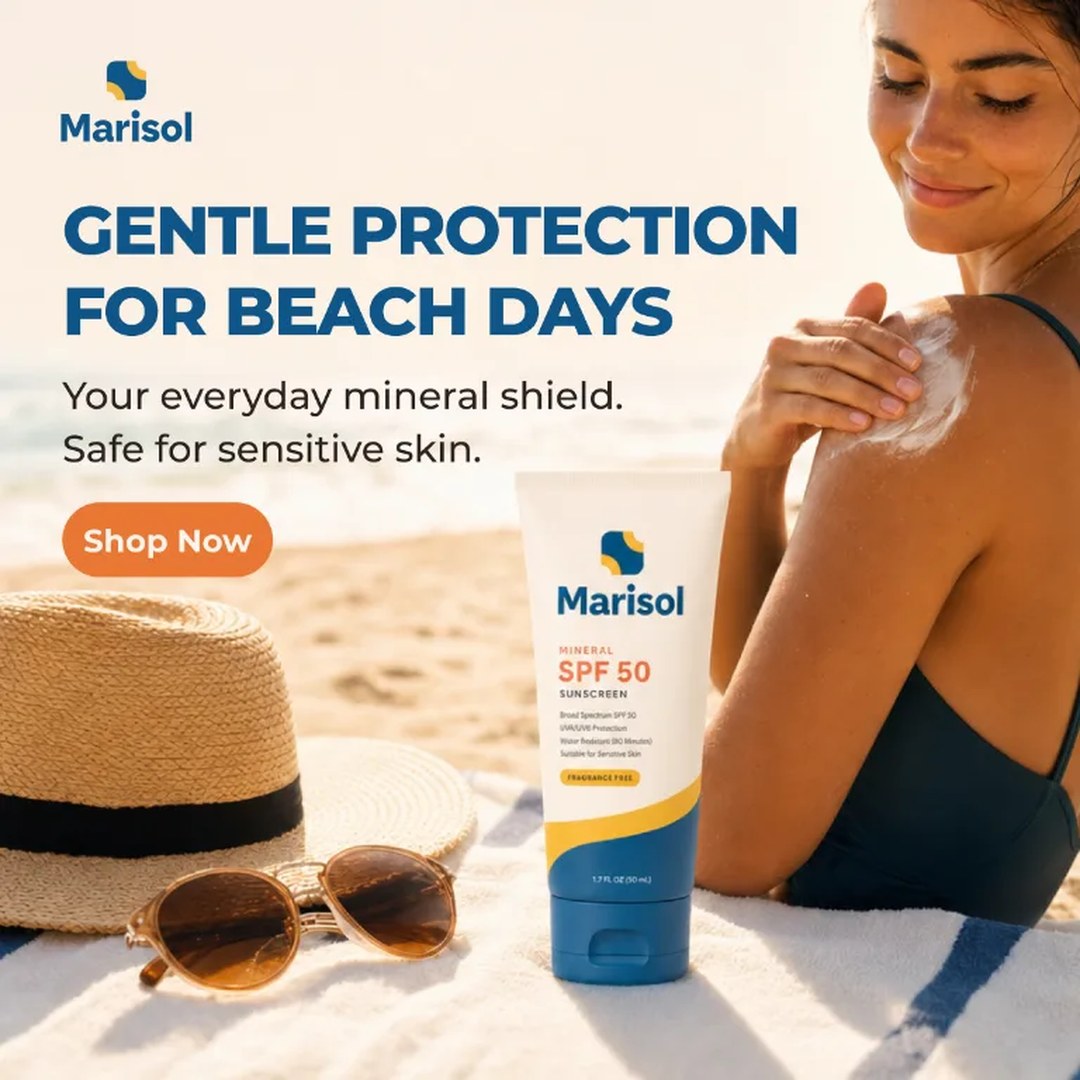 A Marisol sunscreen post reading GENTLE PROTECTION FOR BEACH DAYS the reassuring plain register, benefit spelled out