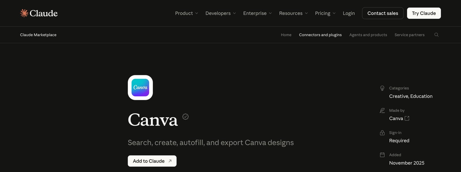 The Canva connector page in the Claude directory: Canva logo, the line Search, create, autofill, and export Canva designs, Add to Claude, sign-in required, added November 2025