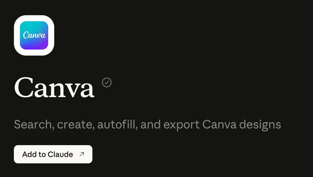 The Canva connector page in the Claude directory, with the line Search, create, autofill, and export Canva designs and an Add to Claude button