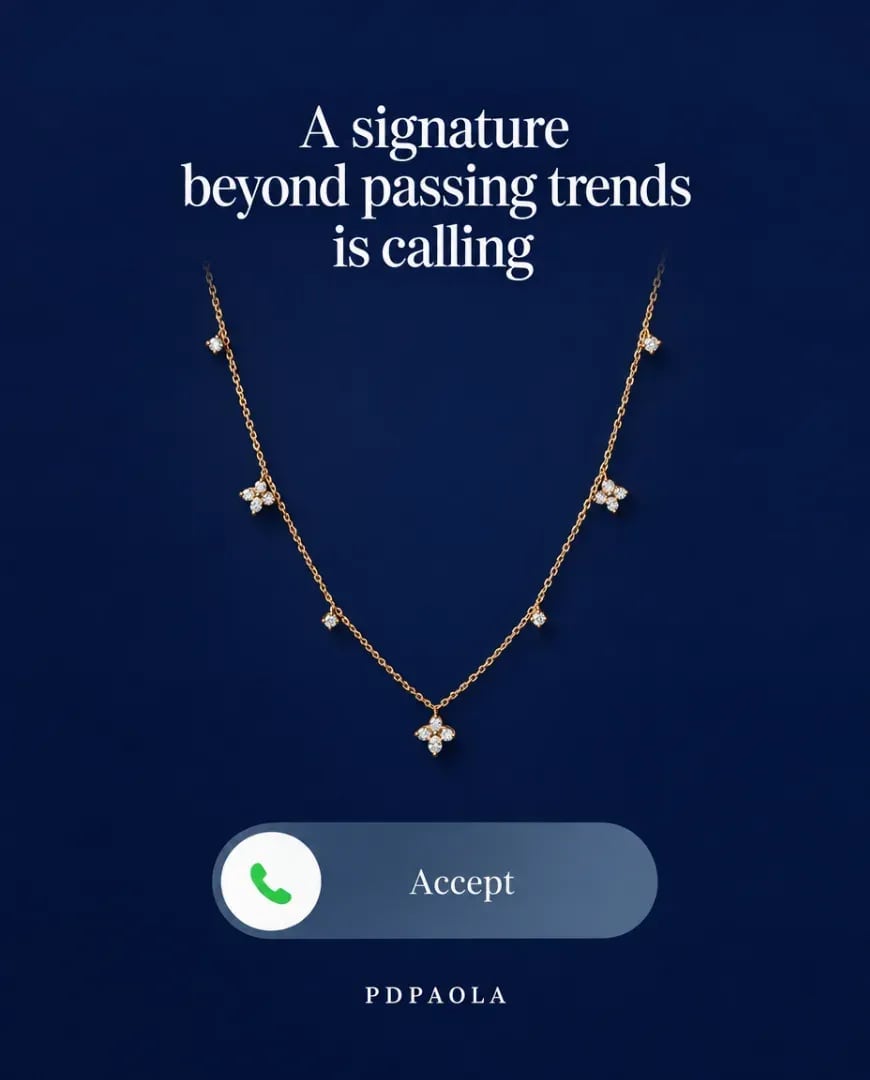 A static ad Selzee made for PDPAOLA: a gold necklace on navy blue above an Accept call button and the line A signature beyond passing trends is calling