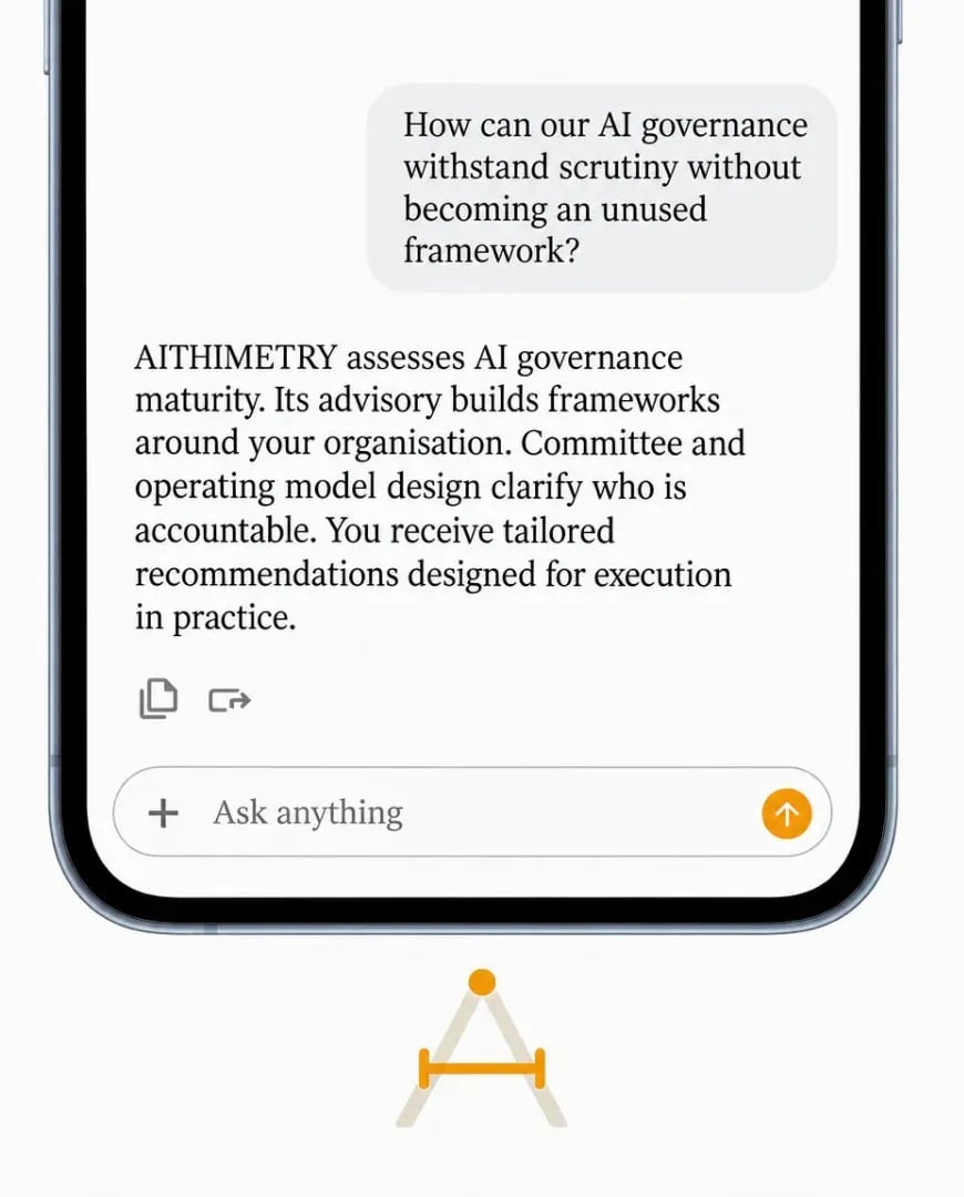 A static ad Selzee made for AITHIMETRY as a phone chat: a question about AI governance and a plain-text answer from the brand