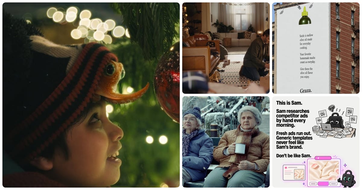 A collage of a boy with an octopus on his hat looking at a Christmas bauble from Disney's 2024 ad, a dad unwrapping a gift by the tree in John Lewis's 2025 ad, a Selzee-made Graza olive oil billboard, three older friends on a snowy bench in Amazon's Joy Ride, and a Selzee-made comic ad about Sam