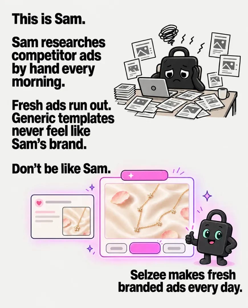 A Selzee-made comic ad: This is Sam. Sam researches competitor ads by hand every morning. Don't be like Sam. Selzee makes fresh branded ads every day.