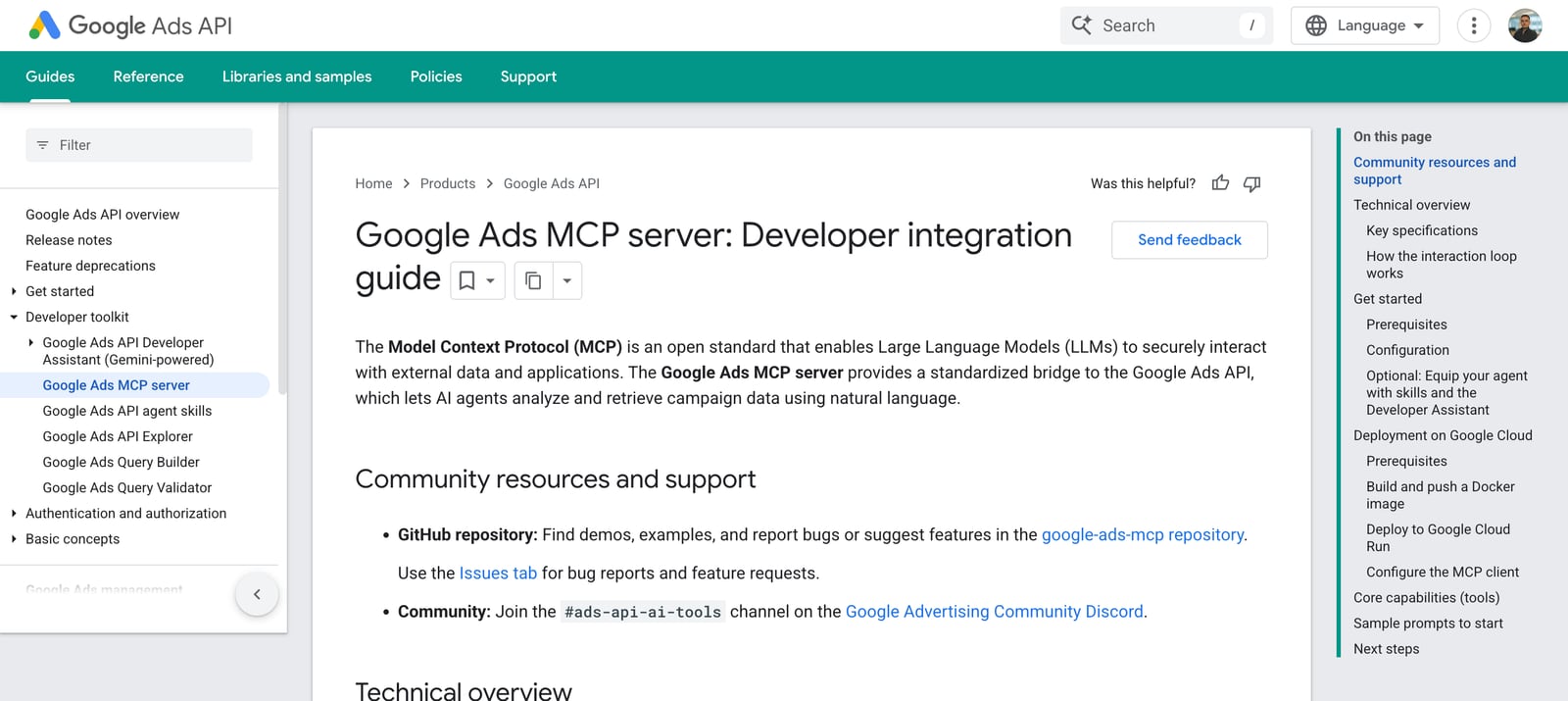 Google's developer page titled Google Ads MCP server: Developer integration guide, under the Developer toolkit menu