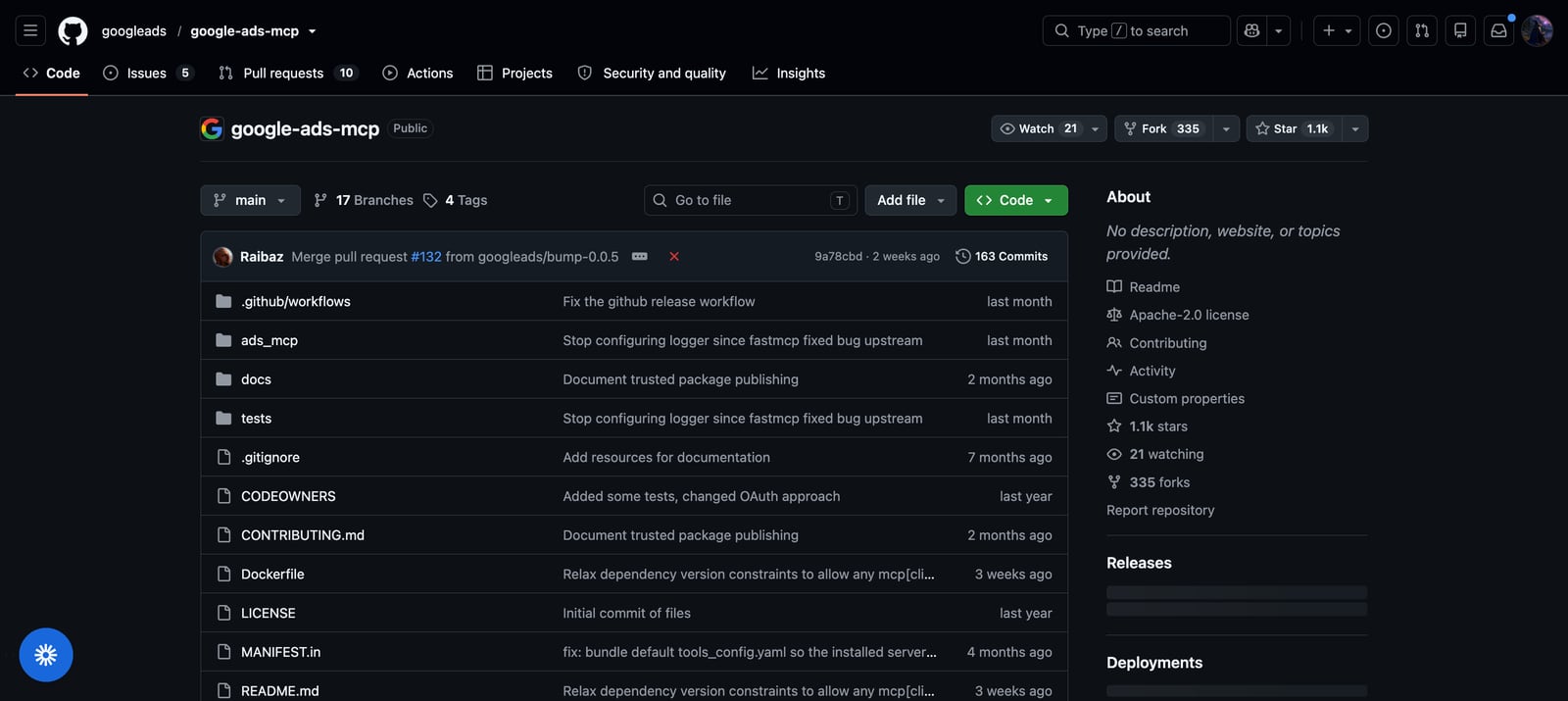 The googleads google-ads-mcp repository on GitHub, with its ads_mcp folder, Dockerfile and Apache-2.0 license