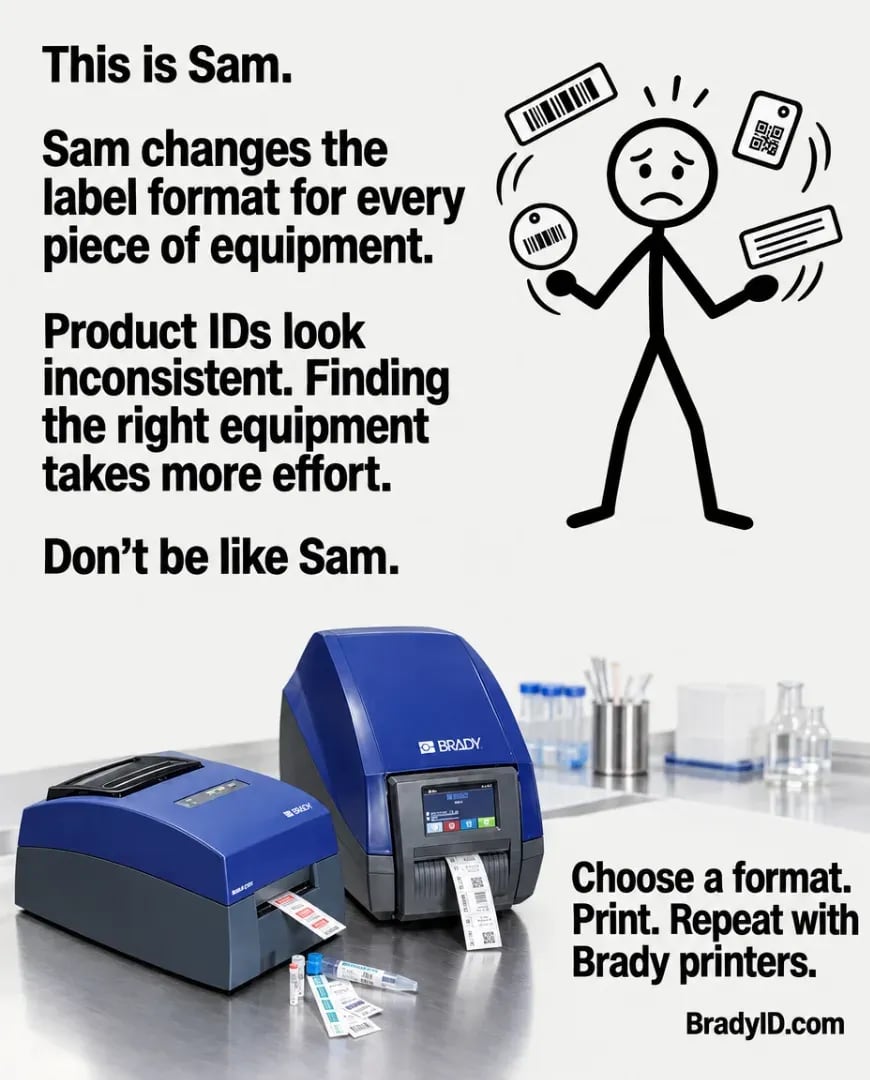 A static ad Selzee made for BradyID: This is Sam, a stick figure juggles label formats, beside a Brady label printer