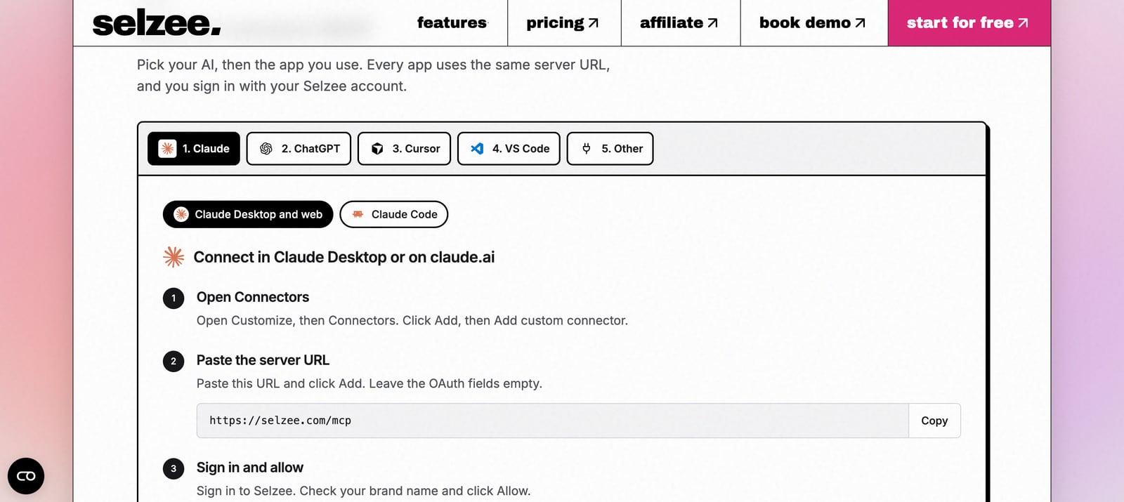 The Selzee MCP server page with the Claude tab open: open Connectors, paste the server URL, then sign in and allow