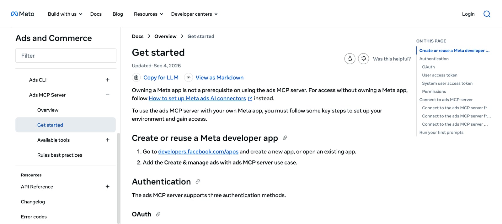 Meta's Get started page for the ads MCP server, updated Sep 4, 2026: create or reuse a Meta developer app, then pick an authentication method
