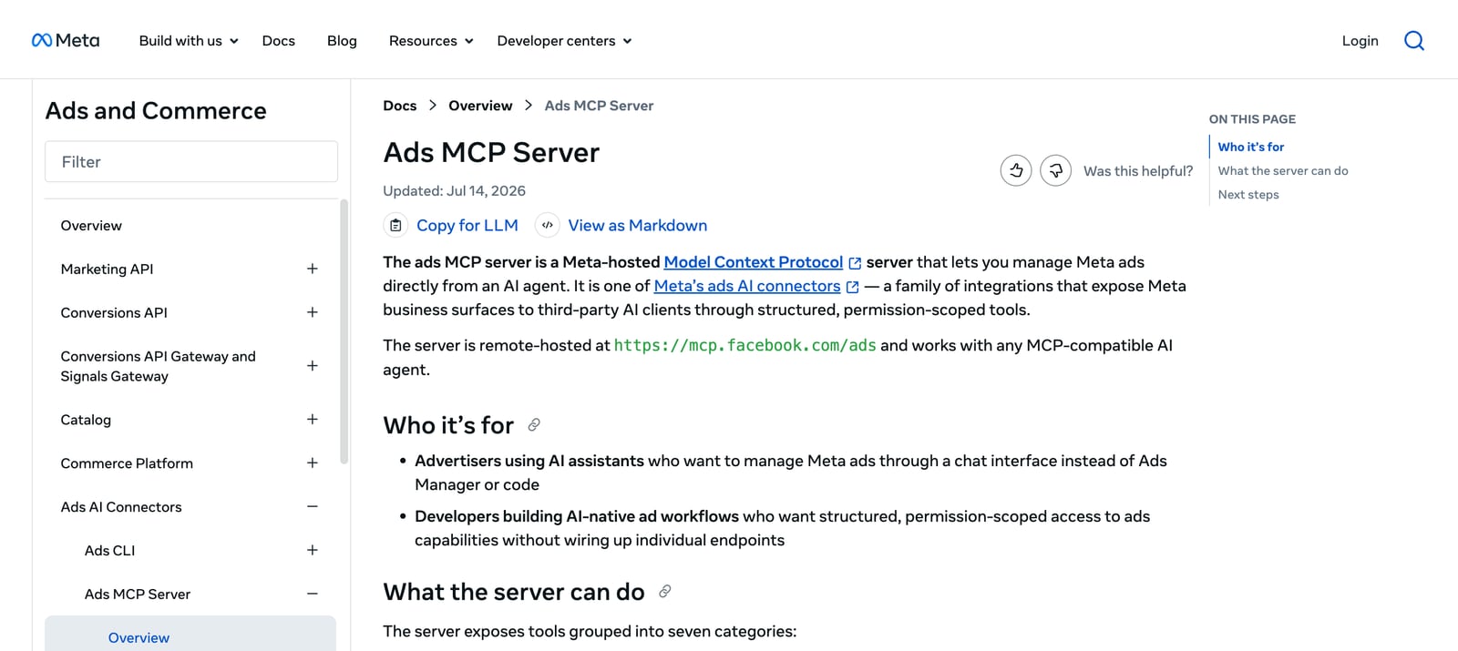 Meta's Ads MCP Server docs page, updated Jul 14, 2026, with the server URL mcp.facebook.com/ads