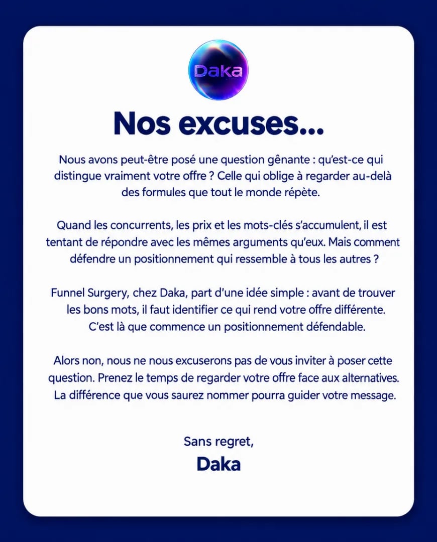 A static ad Selzee made for Daka in the shape of a French apology letter on a navy background