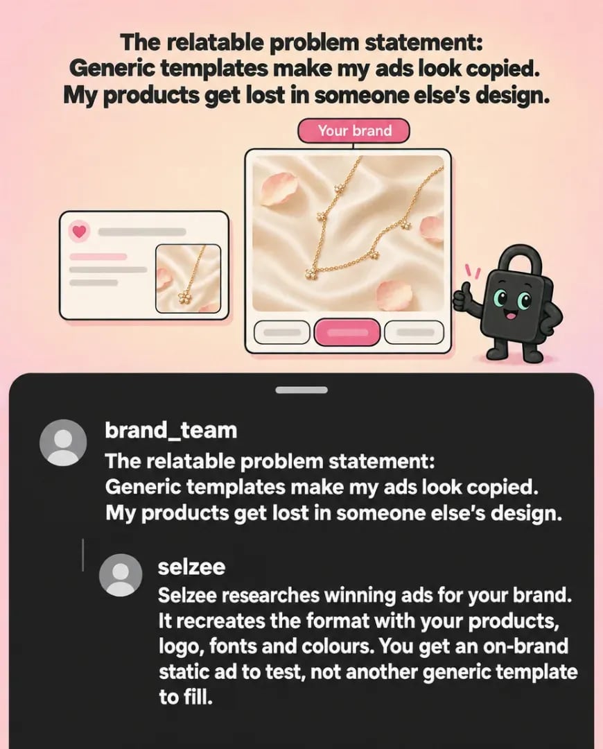 A static ad Selzee made for itself in a comment thread: a brand team complains about generic templates and Selzee replies