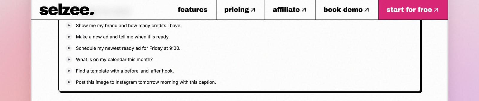 The Things to ask list on Selzee's MCP server page: show my brand and credits, make a new ad, schedule my newest ready ad, find a template with a before-and-after hook