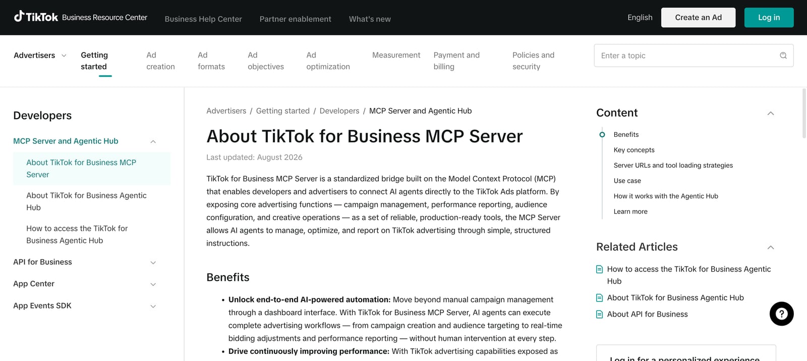 TikTok's Business Help Center article About TikTok for Business MCP Server, last updated August 2026