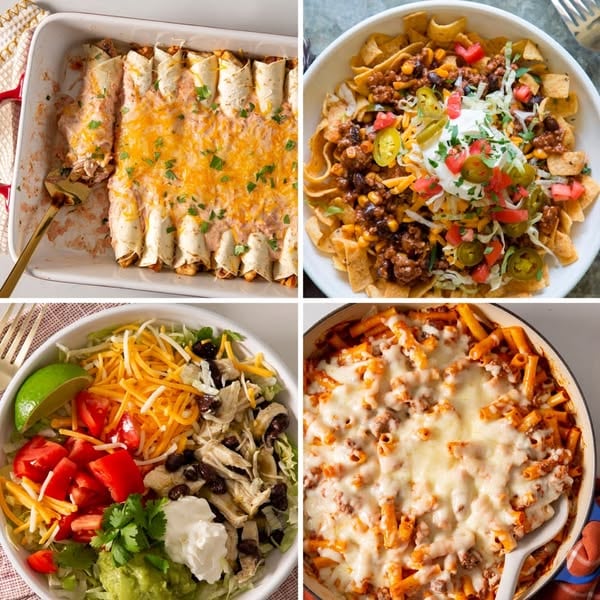 An ad by eMeals in Meta's Ad Library: four dinners in a grid, enchiladas, a taco bowl, a salad and a pasta bake, for an ad that asks if you are tired of figuring out what to cook