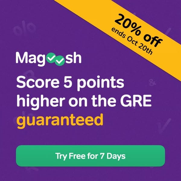 An ad by Magoosh in Meta's Ad Library: Score 5 points higher on the GRE guaranteed, with a 20% off banner that ends Oct 20th and a Try Free for 7 Days button