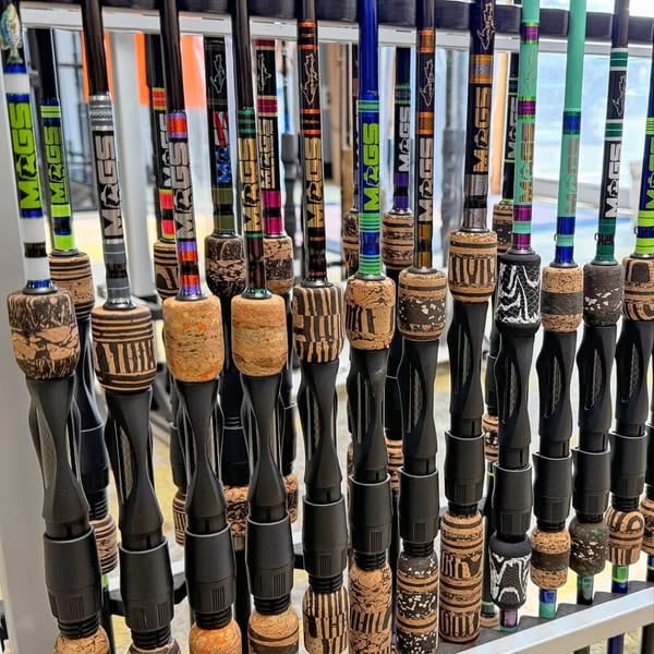 An ad by MAGS Custom Rods in Meta's Ad Library: a rack of MAGS custom fishing rods with cork handles and colored blanks, for the brand's fan forum