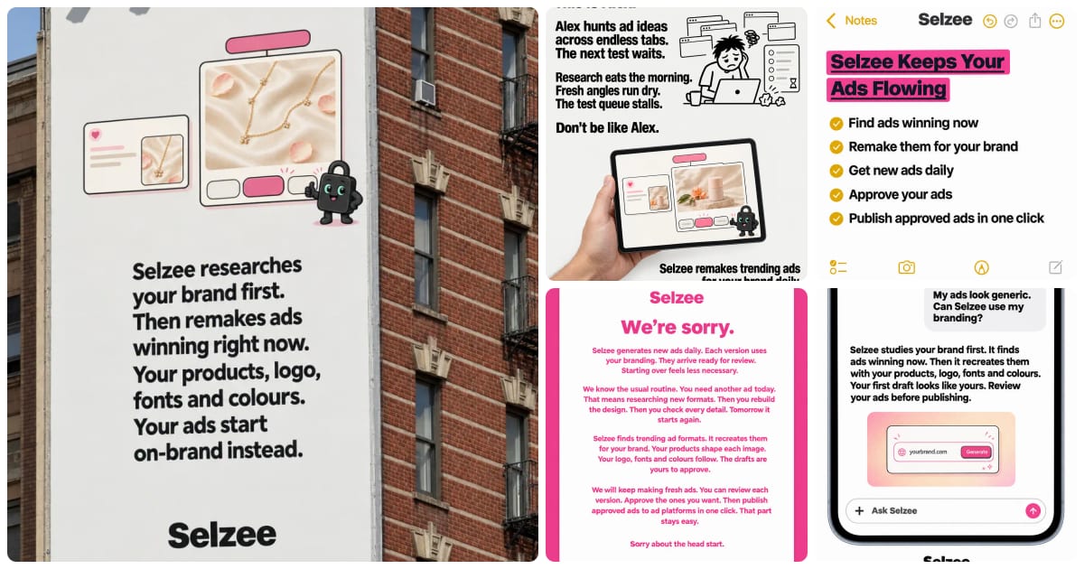 A collage of five Selzee ads, one per content pillar: a billboard on a brick building, a comic about Alex hunting ad ideas, a notes app checklist, a pink apology letter and a phone chat about branding