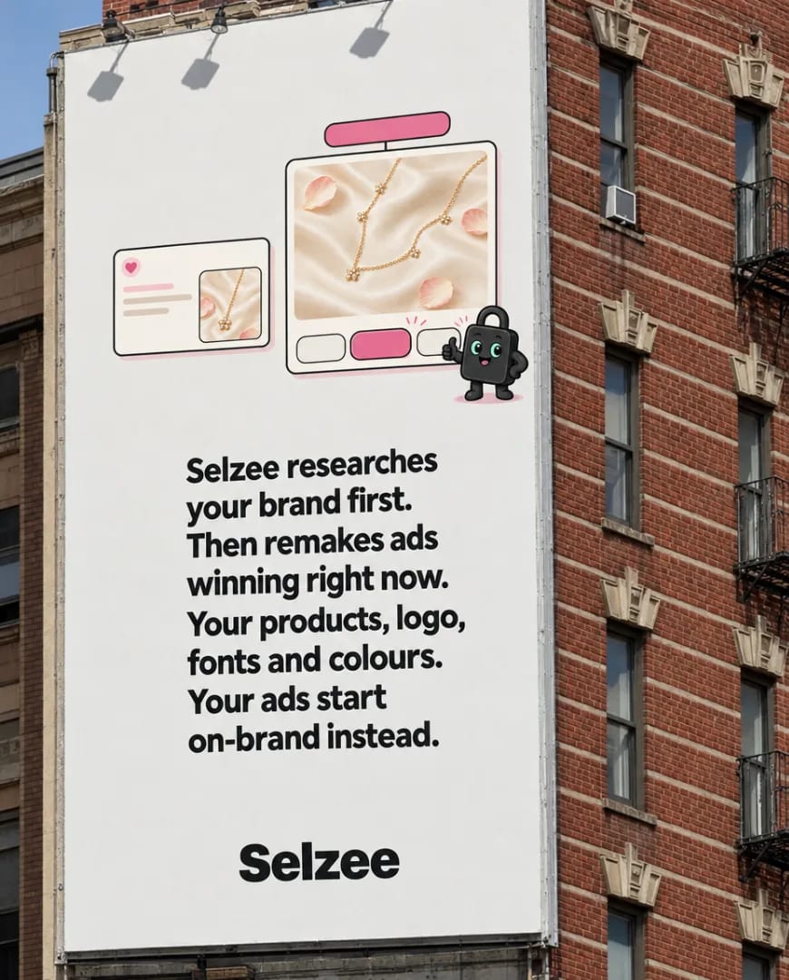 A Selzee billboard on a brick building that says Selzee researches your brand first, then remakes ads winning right now with your products, logo, fonts and colours