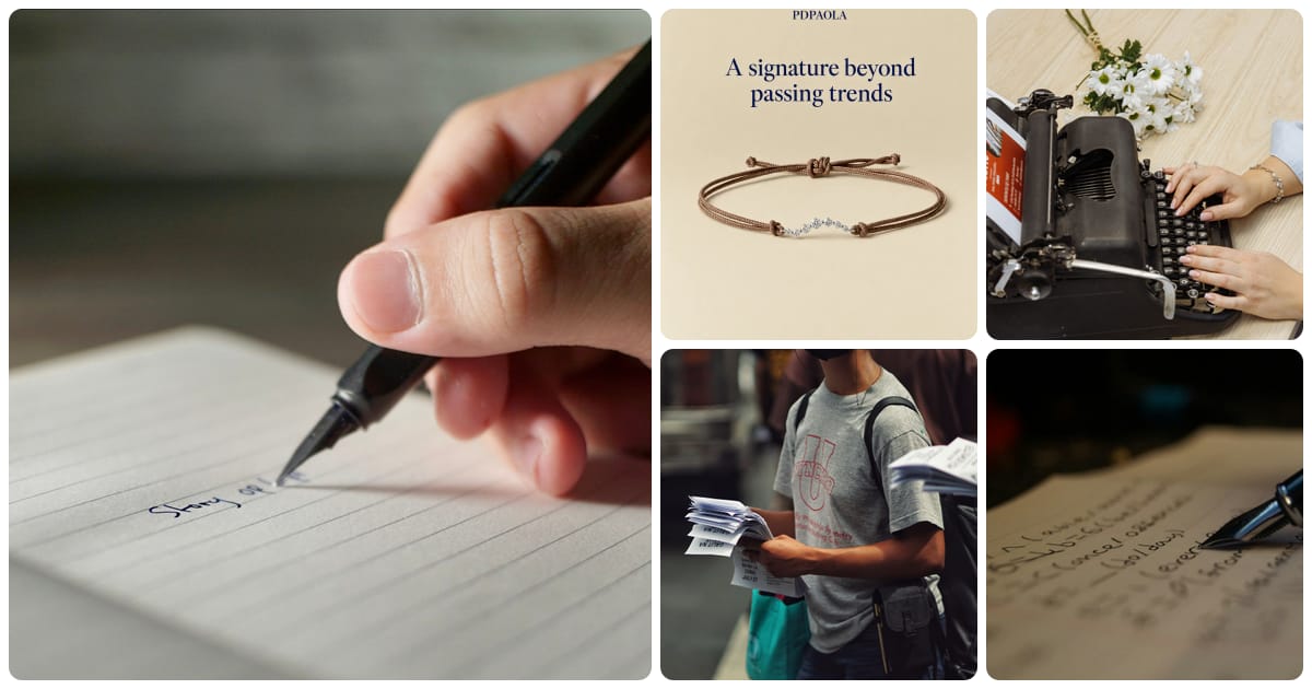 A collage of a hand writing a draft with a pen, a Selzee-made bracelet ad with one short line, hands typing on a vintage typewriter, a man handing out flyers and a fountain pen over handwritten notes