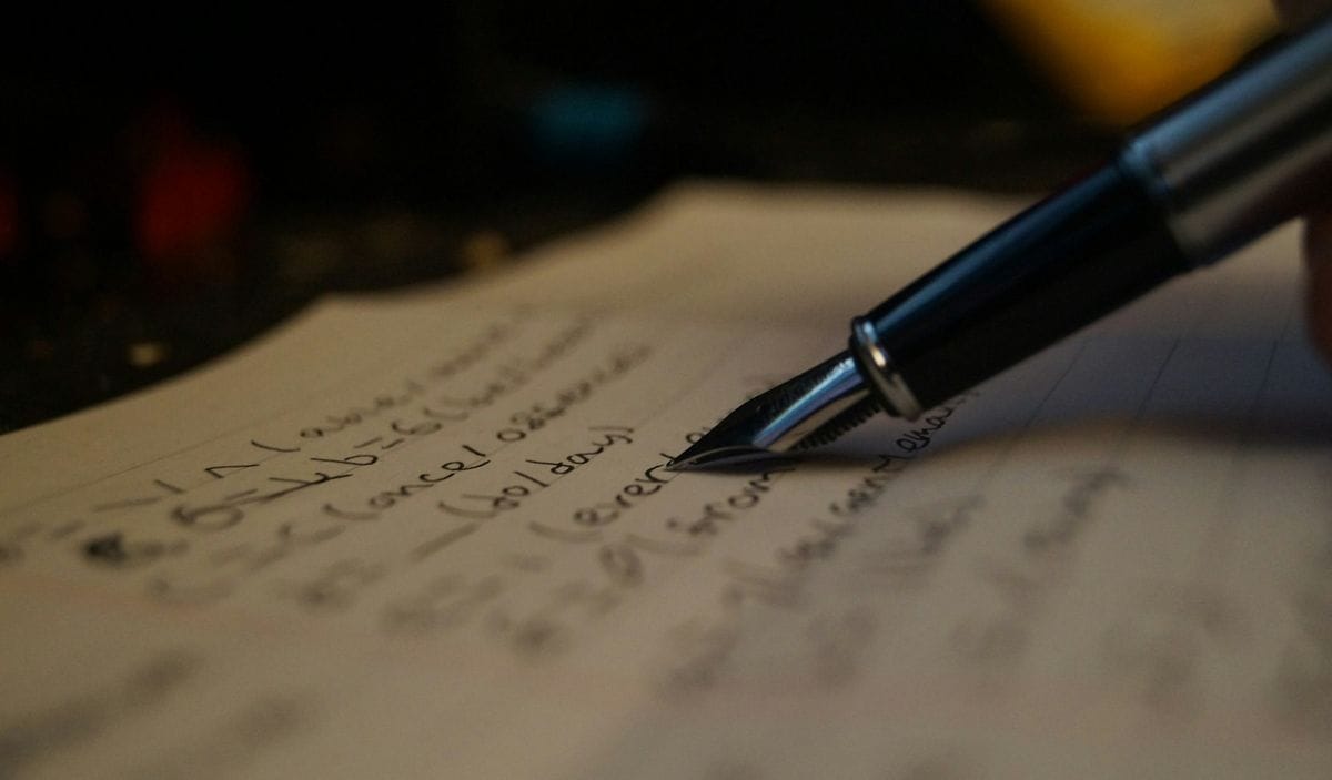 A fountain pen moves over handwritten lines: the Highrise test changed one line and left the rest of the page alone