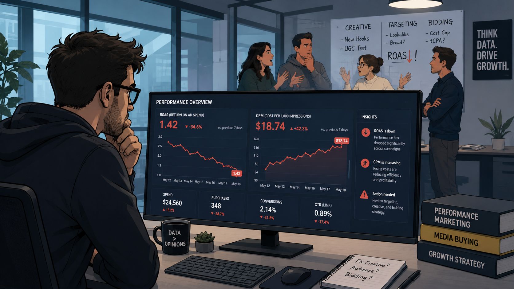 Marketer reviewing declining paid social performance metrics with colleagues.