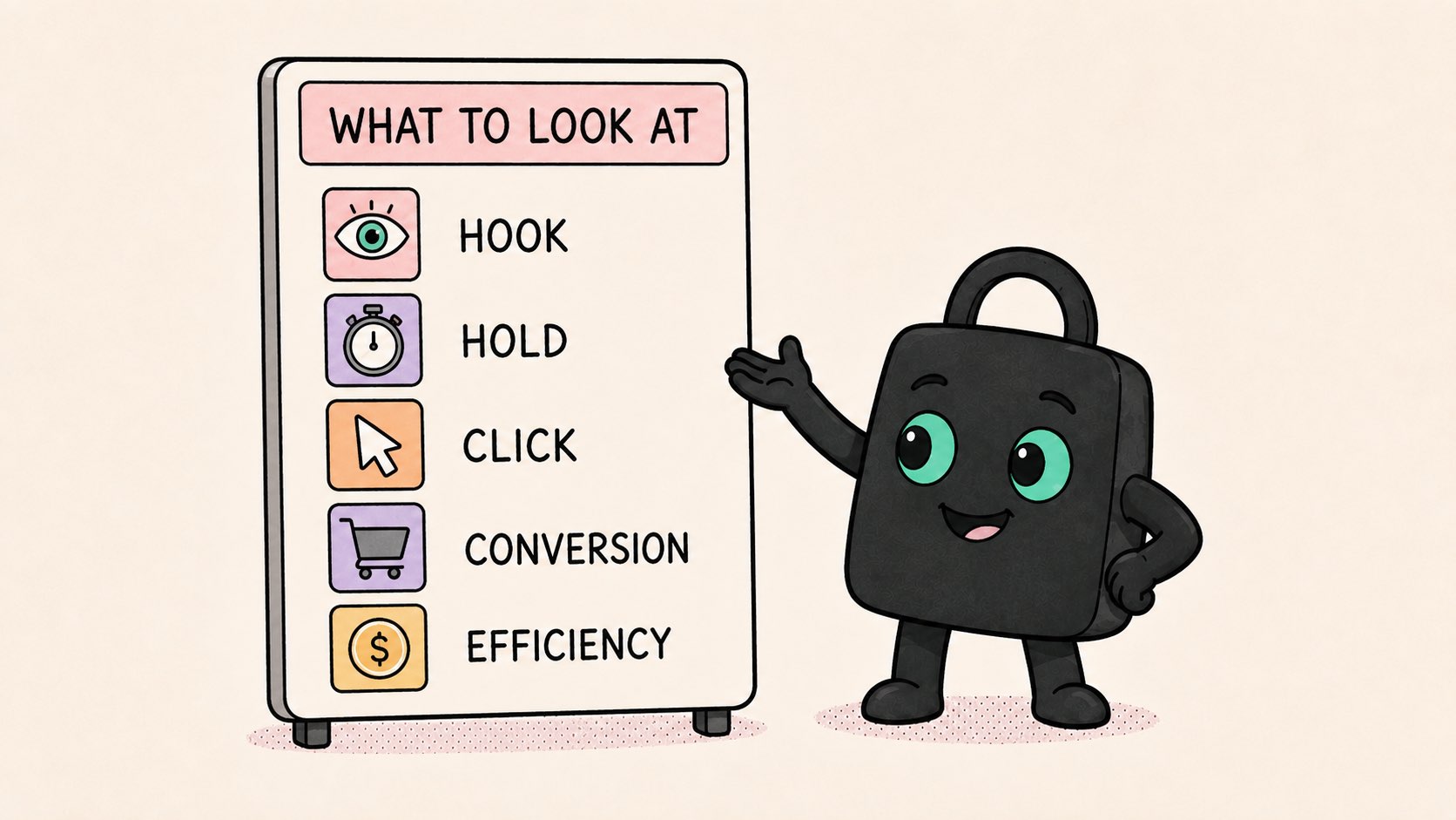 A checklist board headed what to look at, listing hook, hold, click, conversion and efficiency.